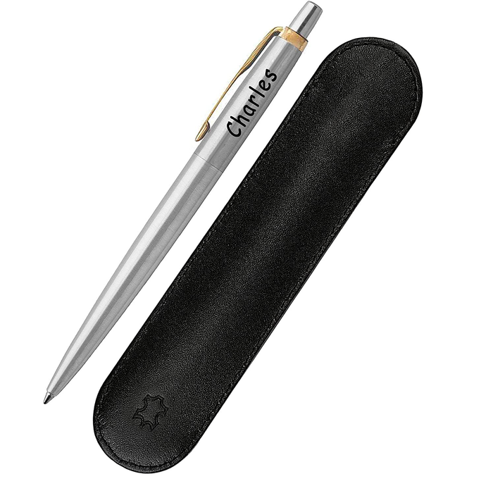 Personalised Engraved Parker Jotter Stainless Steel Gold Trim Ballpoint Pen Gift Boxed with a Classy Genuine Leather Pen Slip