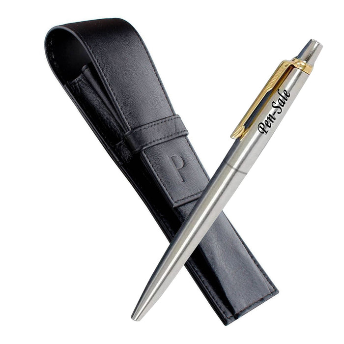 Personalised Engraved Parker Jotter Stainless Steel Gold Trim Ballpoint Pen in Gift Box and Genuine Leather Pouch