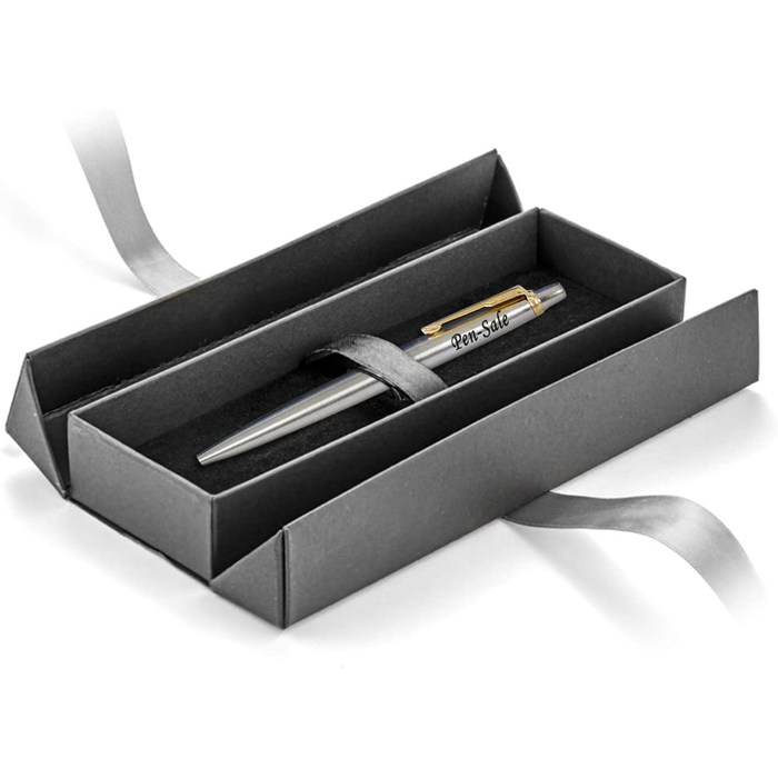Personalised Engraved Parker Jotter Stainless Steel Gold Trim Ballpoint Pen in Ribbon Presentation Box