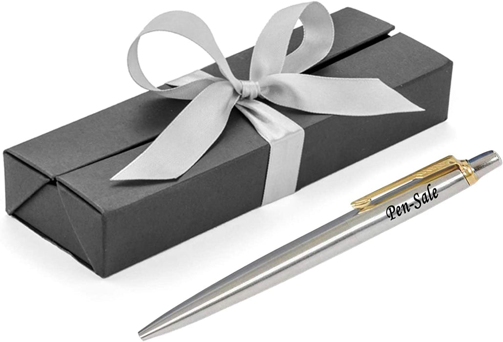 Personalised Engraved Parker Jotter Stainless Steel Gold Trim Blue Ink Ballpoint Pen in Ribbon Presentation Box