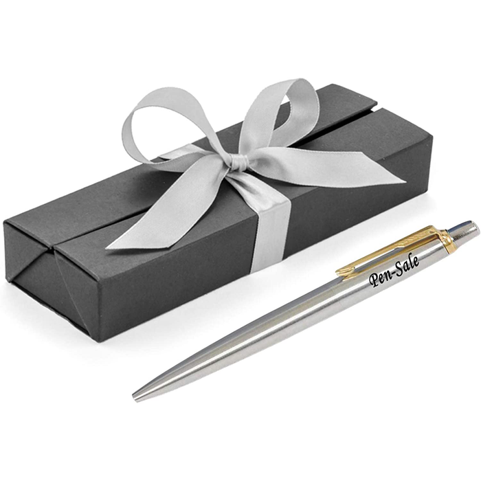 Personalised Engraved Parker Jotter Stainless Steel Gold Trim Blue Ink Ballpoint Pen in Ribbon Presentation Box