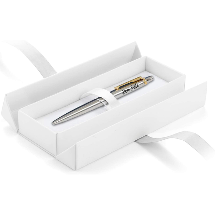 Personalised Engraved Parker Jotter Stainless Steel Gold Trim Ballpoint Pen in Ribbon Presentation Box
