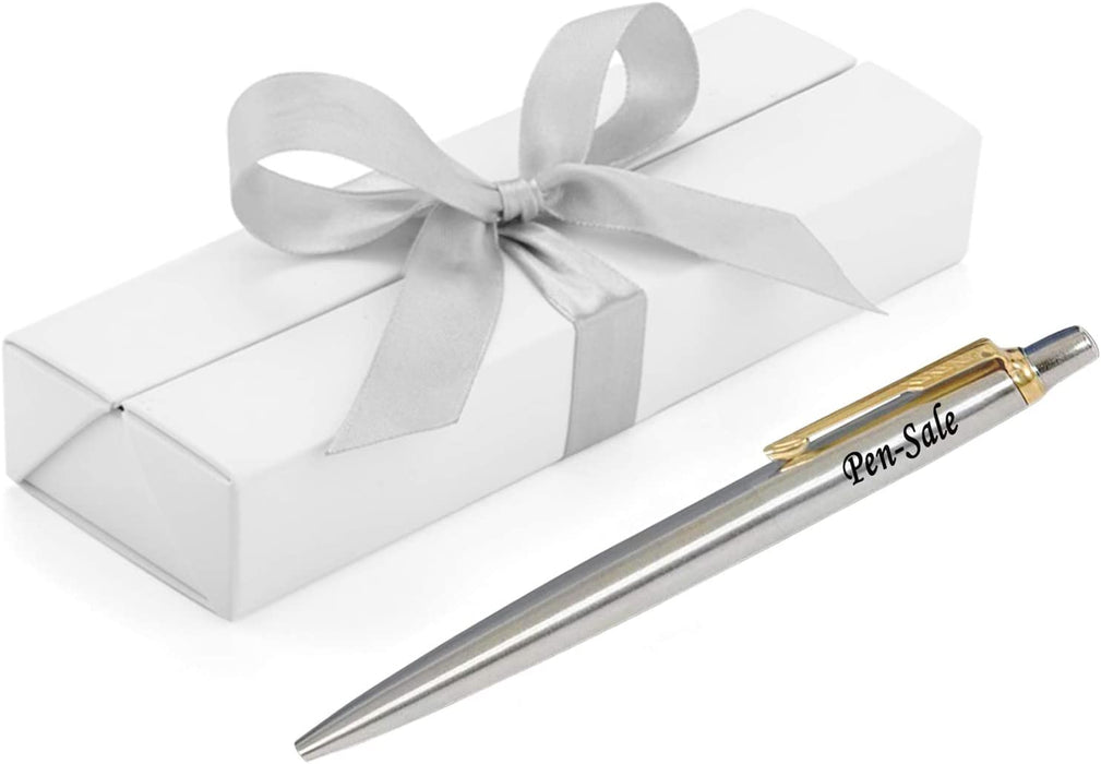 Personalised Engraved Parker Jotter Stainless Steel Gold Trim Ballpoint Pen in Ribbon Presentation Box