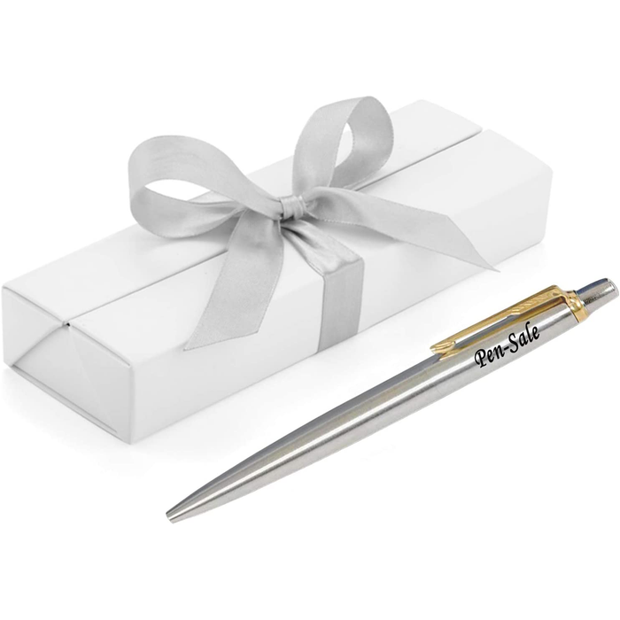 Personalised Engraved Parker Jotter Stainless Steel Gold Trim Blue Ink Ballpoint Pen in Ribbon Presentation Box