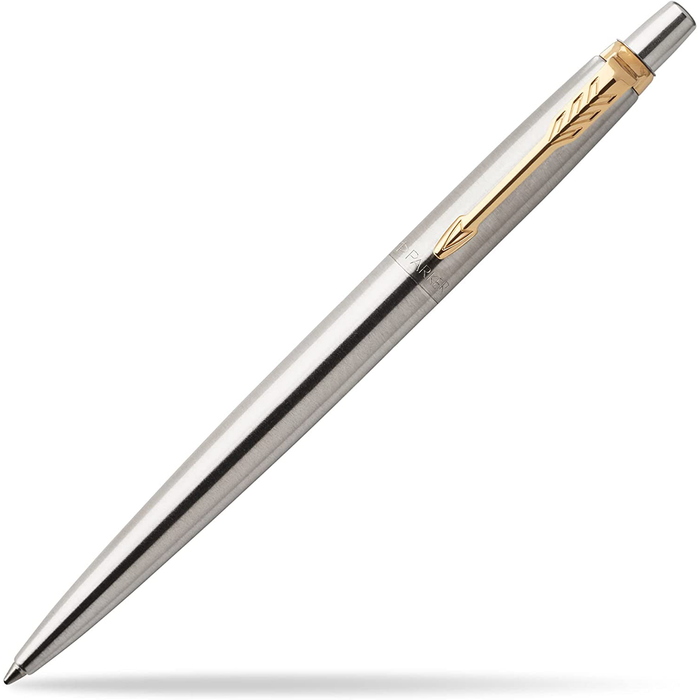 Personalised Silver Parker Jotter Ballpoint Pen with Gold Trim in Blue Leather Case and Parker Gift Box