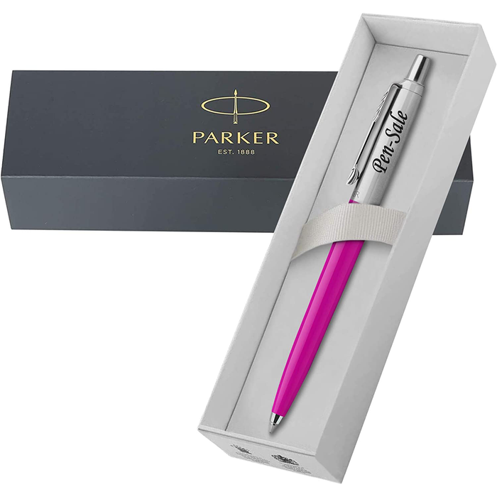 Personalised Engraved Parker Jotter Pink Ballpoint Pen in Gift Box and Genuine Leather Pouch