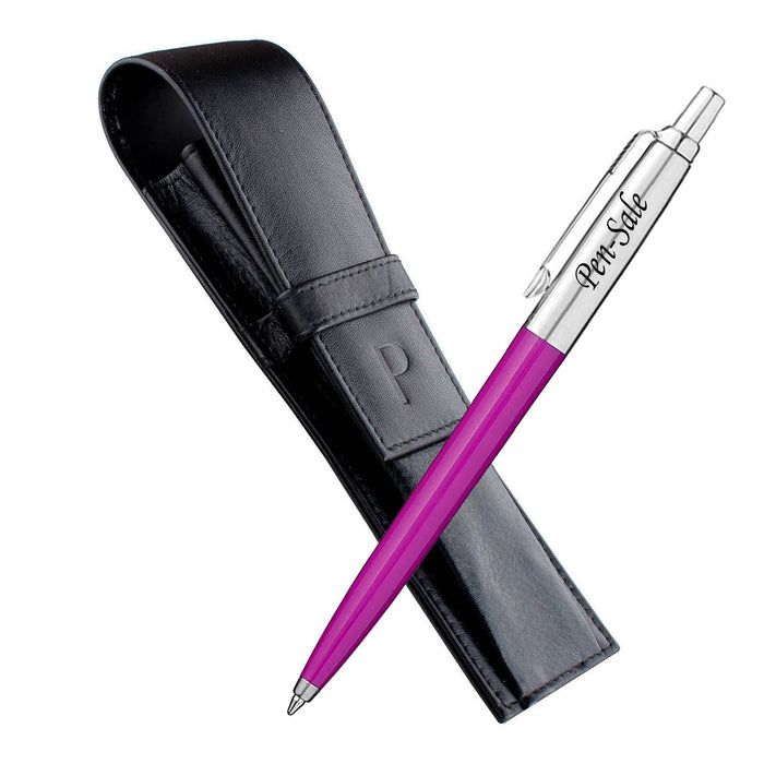 Personalised Engraved Parker Jotter Pink Pen with Genuine Leather Pouch