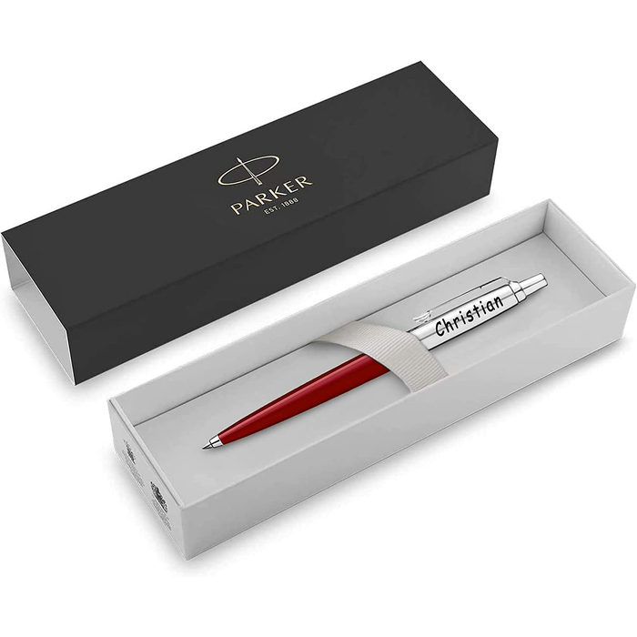 Personalised Engraved Parker Jotter Red Ballpoint Pen in Gift Box and Genuine Pink Leather Pouch