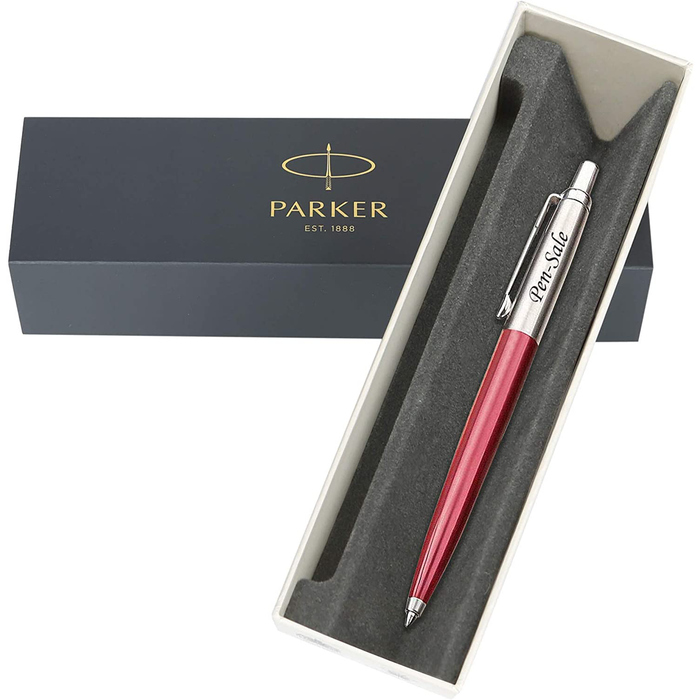 Personalised Engraved Parker Jotter Red Ballpoint Pen in Gift Box and Genuine Pink Leather Pouch
