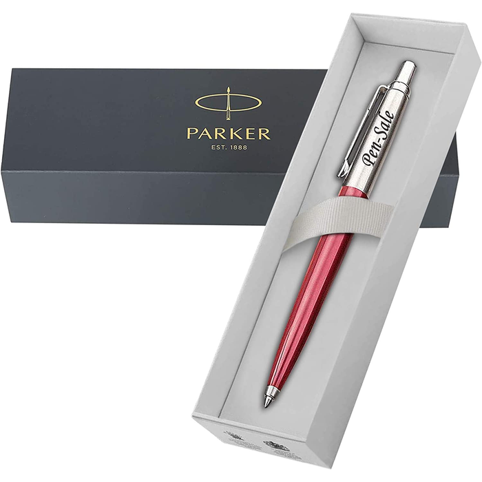 Personalised Engraved Parker Jotter Red Ballpoint Pen in Gift Box and Genuine Pink Leather Pouch