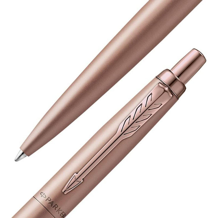 Personalised Engraved Parker Jotter Stainless Steel Rose Gold Ballpoint Pen in Gift Box and Genuine Pink Leather Pouch