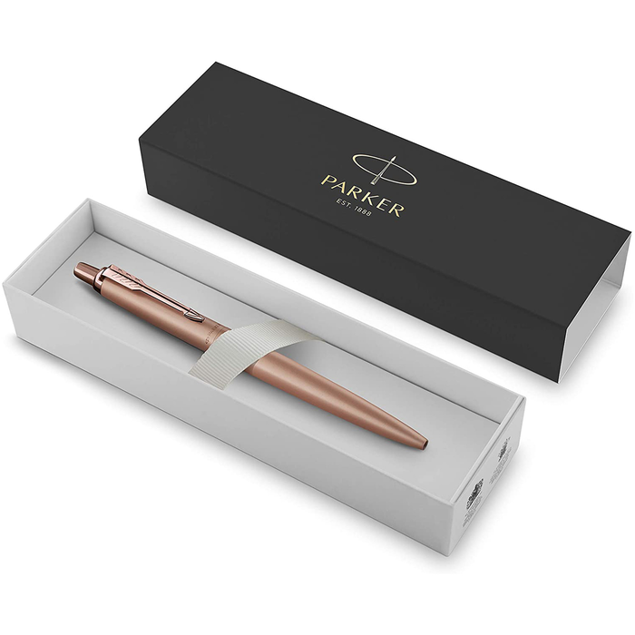 Personalised Engraved Parker Jotter Stainless Steel Rose Gold Ballpoint Pen in Gift Box and Genuine Pink Leather Pouch