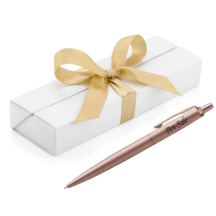 Personalised Engraved Parker Jotter Stainless Steel Rose Gold Blue Ink Ballpoint Pen in Ribbon Presentation Box