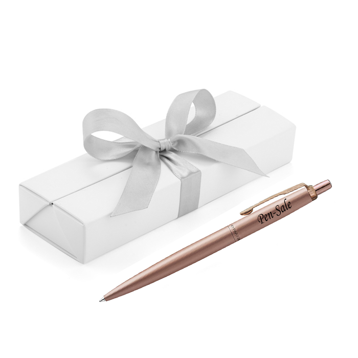 Personalised Engraved Parker Jotter Stainless Steel Rose Gold Blue Ink Ballpoint Pen in Ribbon Presentation Box