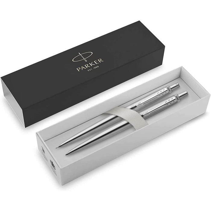 Personalised Engraved Parker Jotter Silver Ballpoint Pen and Pencil Set in Parker Gift Box