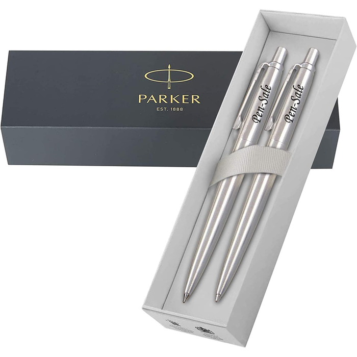 Personalised Engraved Parker Jotter Silver Ballpoint Pen and Pencil Set in Engraved Luxury Gift Box