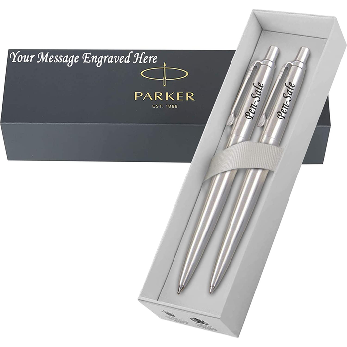 Personalised Engraved Parker Jotter Silver Ballpoint Pen and Pencil Set in Engraved Luxury Gift Box