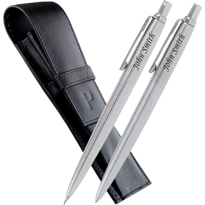 Personalised Silver Parker Jotter Ballpen and Pencil Set in Parker Presentation Box and Black Leather Pouch