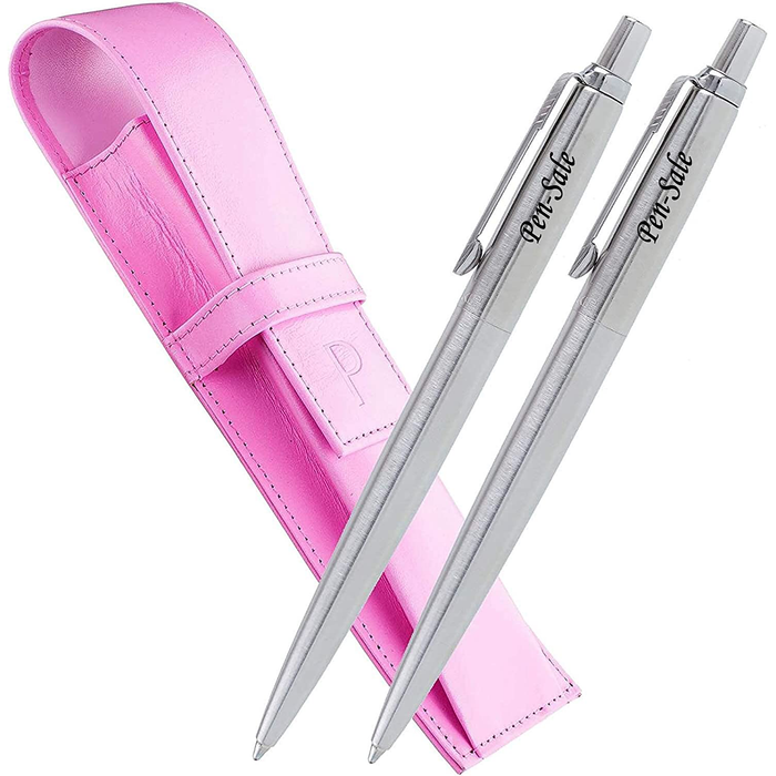 Personalised Silver Parker Jotter Ballpen and Pencil Set in Parker Presentation Box and Pink Leather Pouch