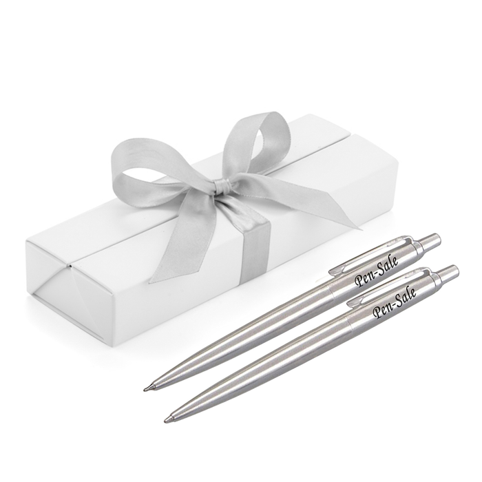 Personalised Engraved Parker Jotter Silver Ballpoint Pen and Pencil Set in Choice of Luxury Gift Boxes