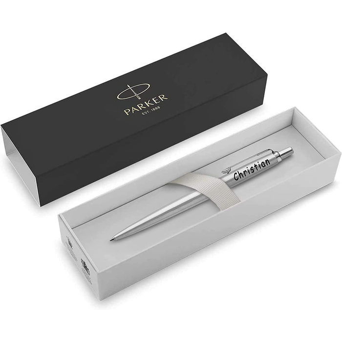 Personalised Engraved Parker Jotter Stainless Steel Ballpoint Pen in Gift Box and Genuine Pink Leather Pouch