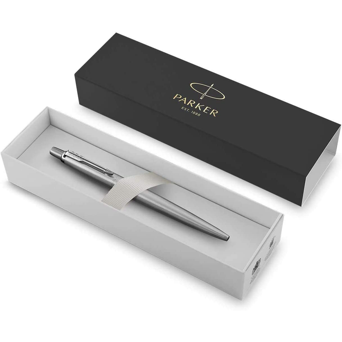 Personalised Silver Parker Jotter Ballpoint Pen with Silver Trim in Blue Leather Case and Parker Gift Box