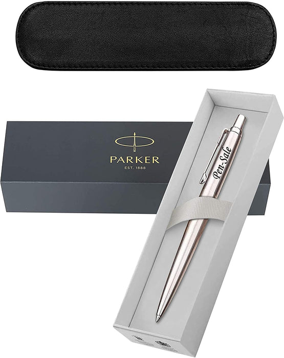 Personalised Engraved Parker Jotter Stainless Steel Ballpoint Pen Gift Boxed with a Classy Genuine Leather Pen Slip