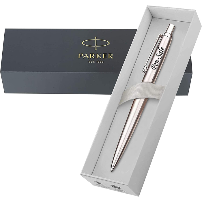 Personalised Engraved Parker Jotter Stainless Steel Ballpoint Pen Gift Boxed with a Classy Genuine Leather Pen Slip