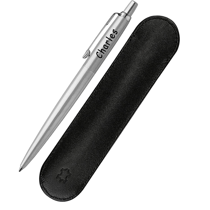 Personalised Engraved Parker Jotter Stainless Steel Ballpoint Pen Gift Boxed with a Classy Genuine Leather Pen Slip