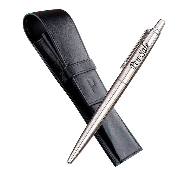 Personalised Engraved Parker Jotter Stainless Steel Ballpoint Pen in Gift Box and Genuine Leather Pouch