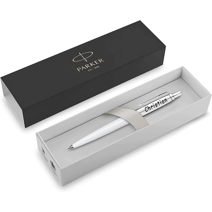Personalised Engraved Parker Jotter White Ballpoint Pen in Gift Box and Genuine Leather Pouch