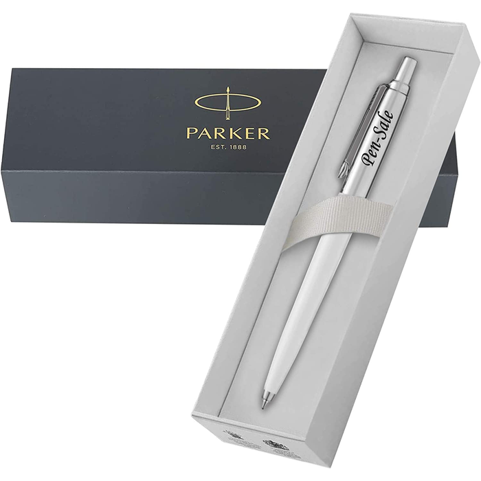 Personalised Engraved Parker Jotter White Ballpoint Pen in Gift Box and Genuine Pink Leather Pouch