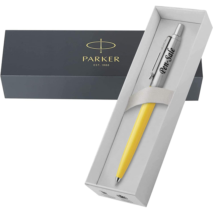 Personalised Engraved Parker Jotter Yellow Ballpoint Pen in Gift Box and Genuine Pink Leather Pouch
