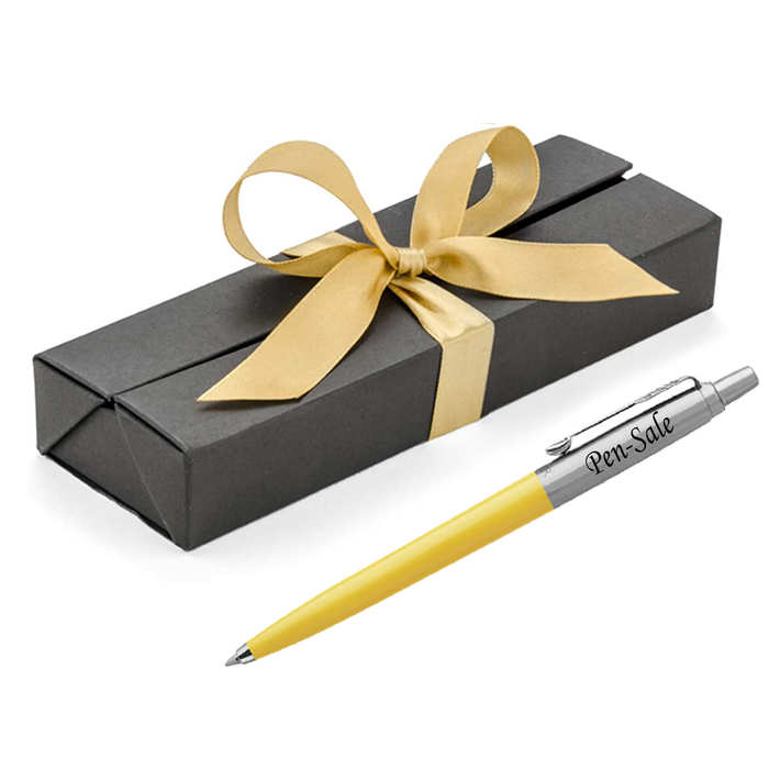 Personalised Engraved Parker Jotter Yellow Blue Ink Ballpoint Pen in Ribbon Presentation Box