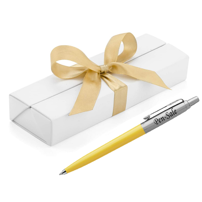 Personalised Engraved Parker Jotter Yellow Blue Ink Ballpoint Pen in Ribbon Presentation Box