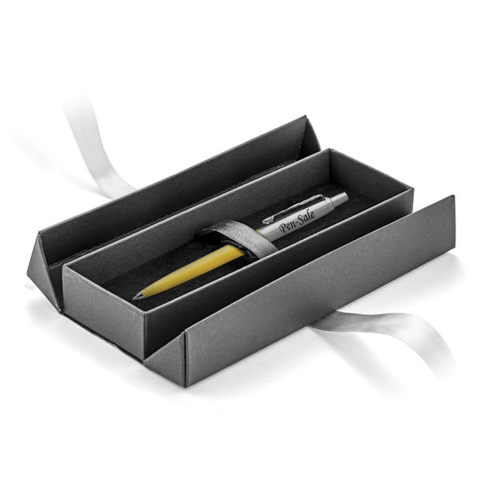 Personalised Engraved Parker Jotter Yellow Blue Ink Ballpoint Pen in Ribbon Presentation Box
