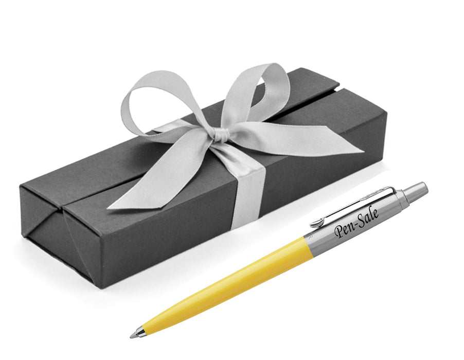 Personalised Engraved Parker Jotter Yellow Blue Ink Ballpoint Pen in Ribbon Presentation Box