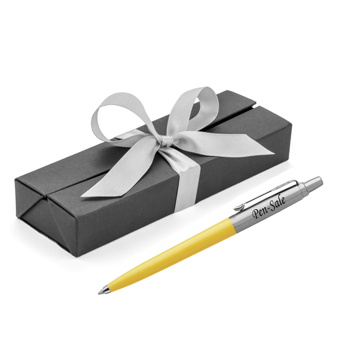 Personalised Engraved Parker Jotter Yellow Blue Ink Ballpoint Pen in Ribbon Presentation Box