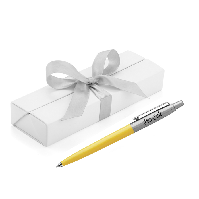 Personalised Engraved Parker Jotter Yellow Blue Ink Ballpoint Pen in Ribbon Presentation Box