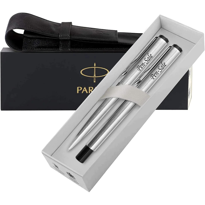 Personalised Parker Jotter Silver Ballpen & Fountain Pen Set in Black Parker Leather Pouch and Gift Box
