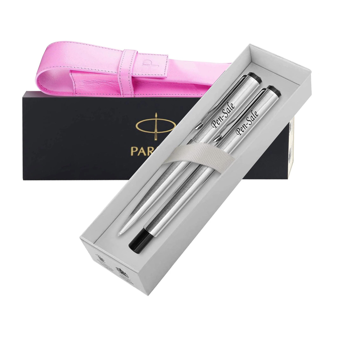 Personalised Parker Jotter Silver Ballpen & Fountain Pen Set in Pink Parker Leather Pouch and Gift Box