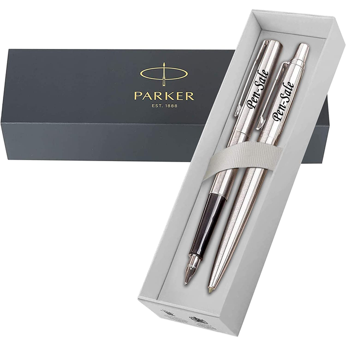 Personalised Stainless Steel Silver Parker Jotter Ballpen and Fountain Pen Set in Parker Presentation Box