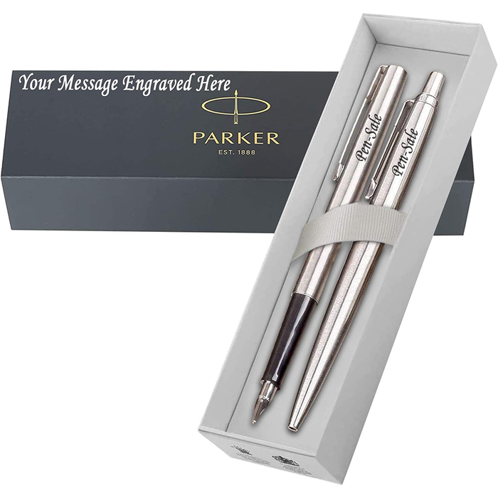 Personalised Stainless Steel Silver Parker Jotter Ballpen and Fountain Pen Set in Engraved Parker Presentation Box