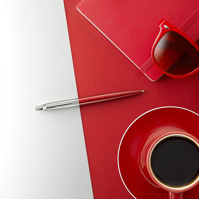 Personalised Engraved Parker Jotter Red Blue Ink Ballpoint Pen in Ribbon Presentation Box