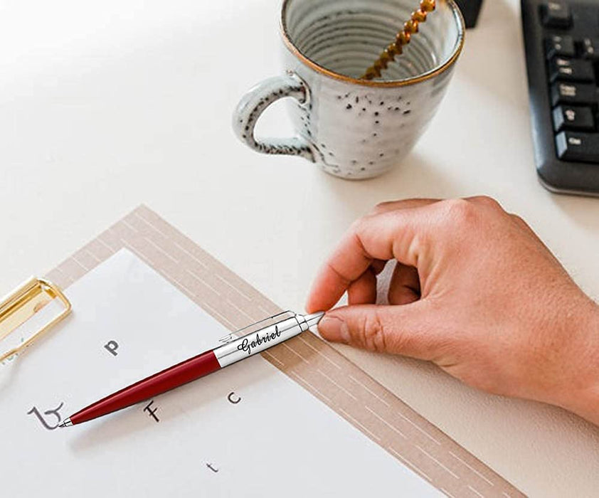 Personalised Engraved Parker Jotter Red Ballpoint Pen in Gift Box and Genuine Pink Leather Pouch