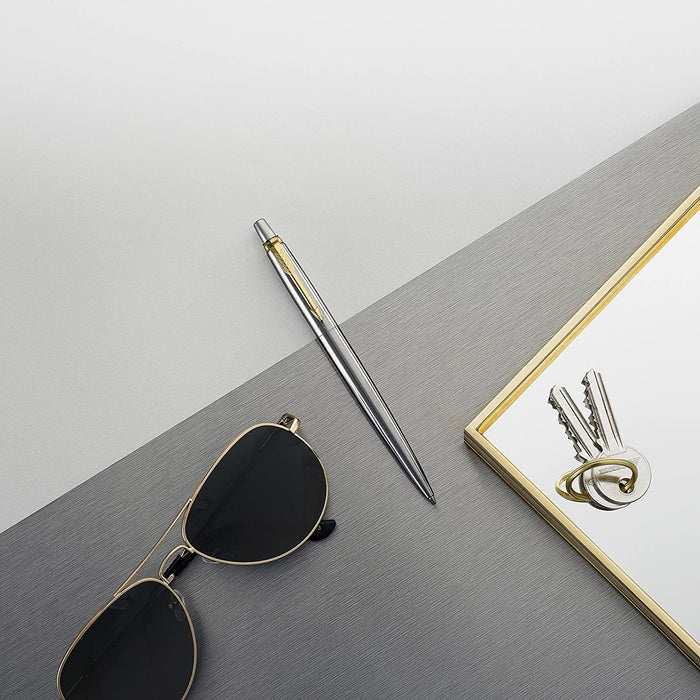 Personalised Engraved Parker Jotter Stainless Steel Gold Trim Ballpoint Pen in Engraved Parker Gift Box