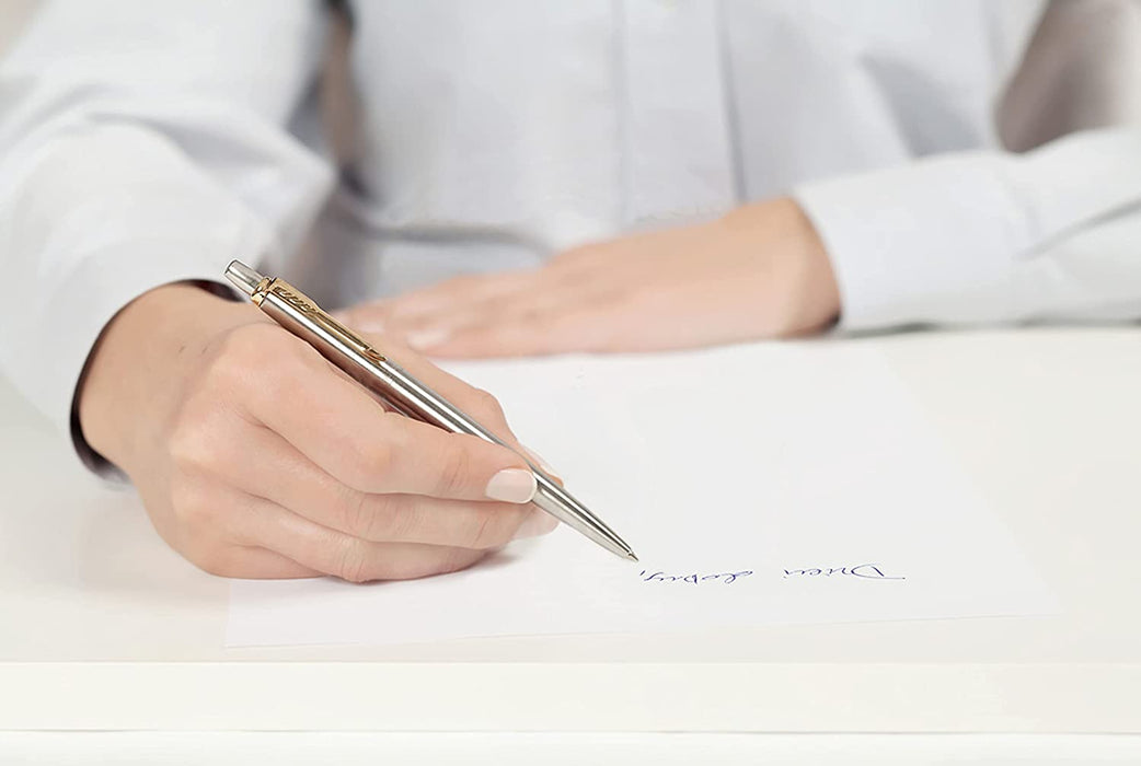 Personalised Engraved Parker Jotter Stainless Steel Gold Trim Ballpoint Pen in Ribbon Presentation Box