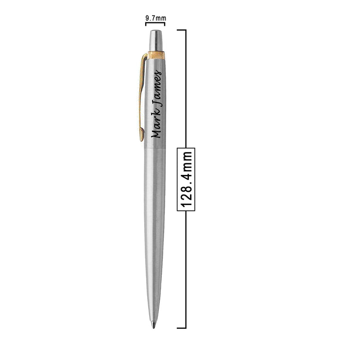 Personalised Engraved Parker Jotter Stainless Steel Gold Trim Ballpoint Pen Gift Boxed with a Classy Genuine Leather Pen Slip