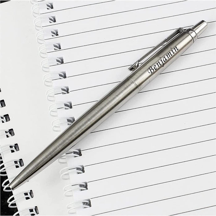 Personalised Engraved Parker Jotter Stainless Steel Blue Ink Ballpoint Pen in Ribbon Presentation Box