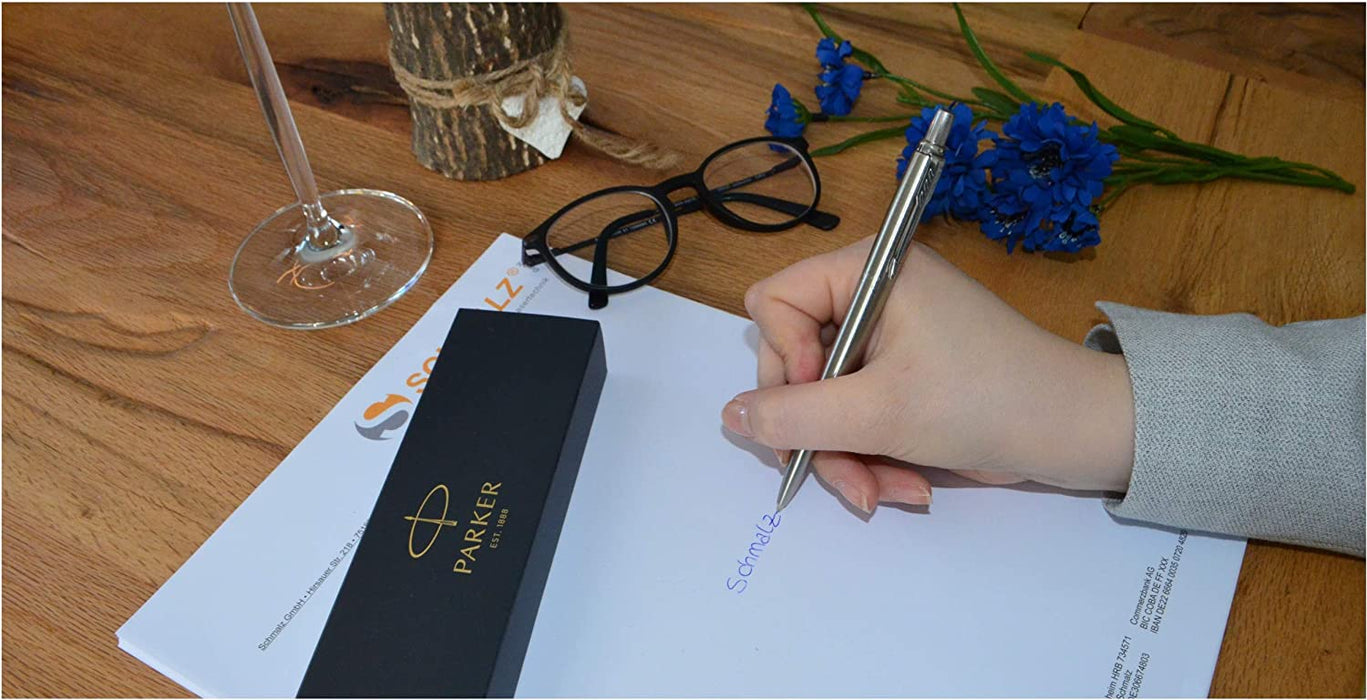 Personalised Engraved Parker Jotter Stainless Steel Ballpoint Pen Gift Boxed with a Classy Genuine Leather Pen Slip